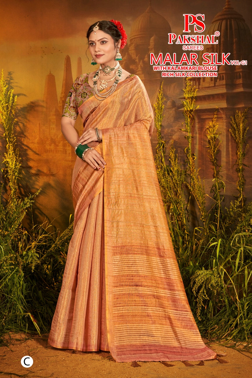Peach-orange tissue silk saree with border and printed blouse, front drape