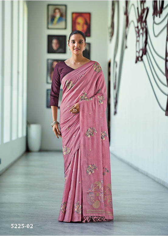 Rose pink embroidered saree with matching blouse, floral motifs and border