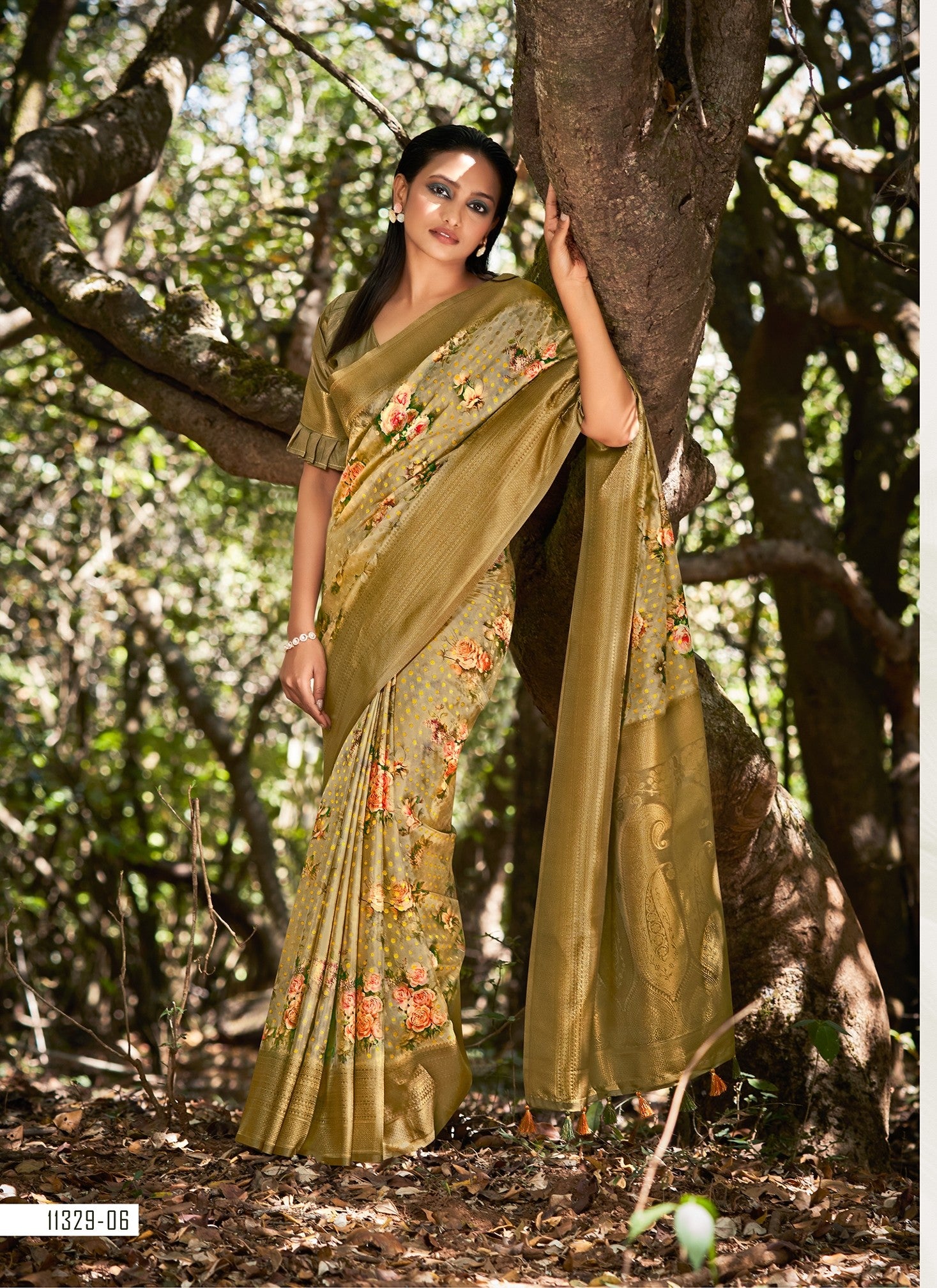 Silk saree in sage grey with floral print and woven zari gold border
