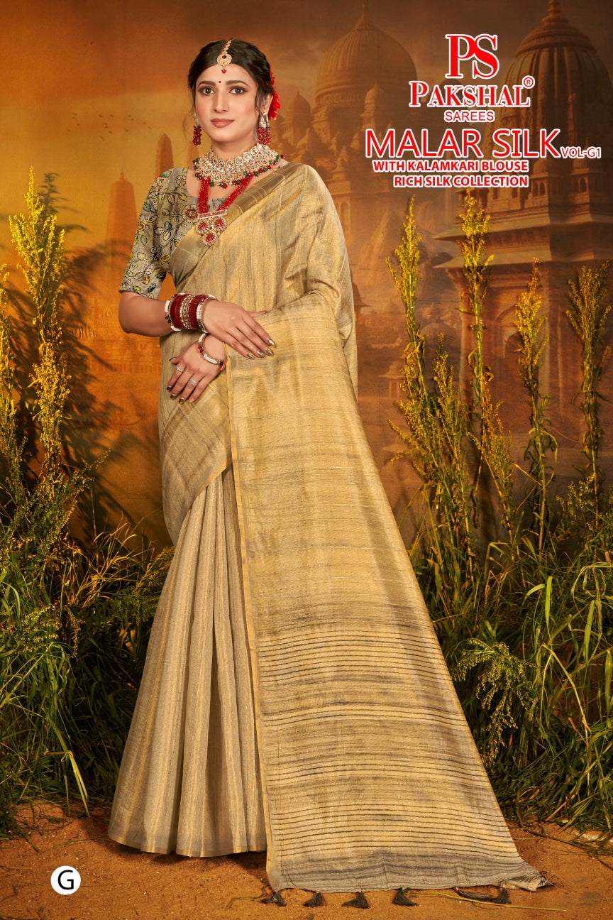 Light cream tissue silk saree with wide border and printed blouse, full length