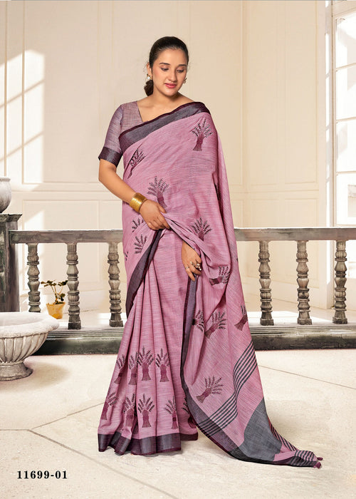 Cotton fancy saree in mauve pink with dark leaf motifs and gray border.