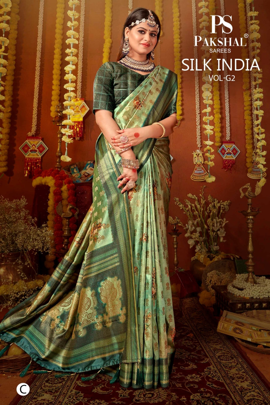 Green silk saree with gold border, woven motifs and striped pallu