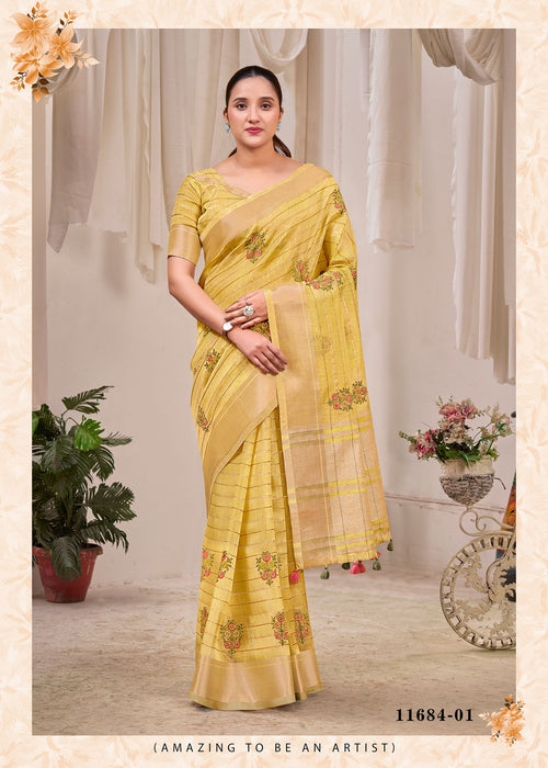 Yellow cotton saree with floral print, check-style border, and matching pallu