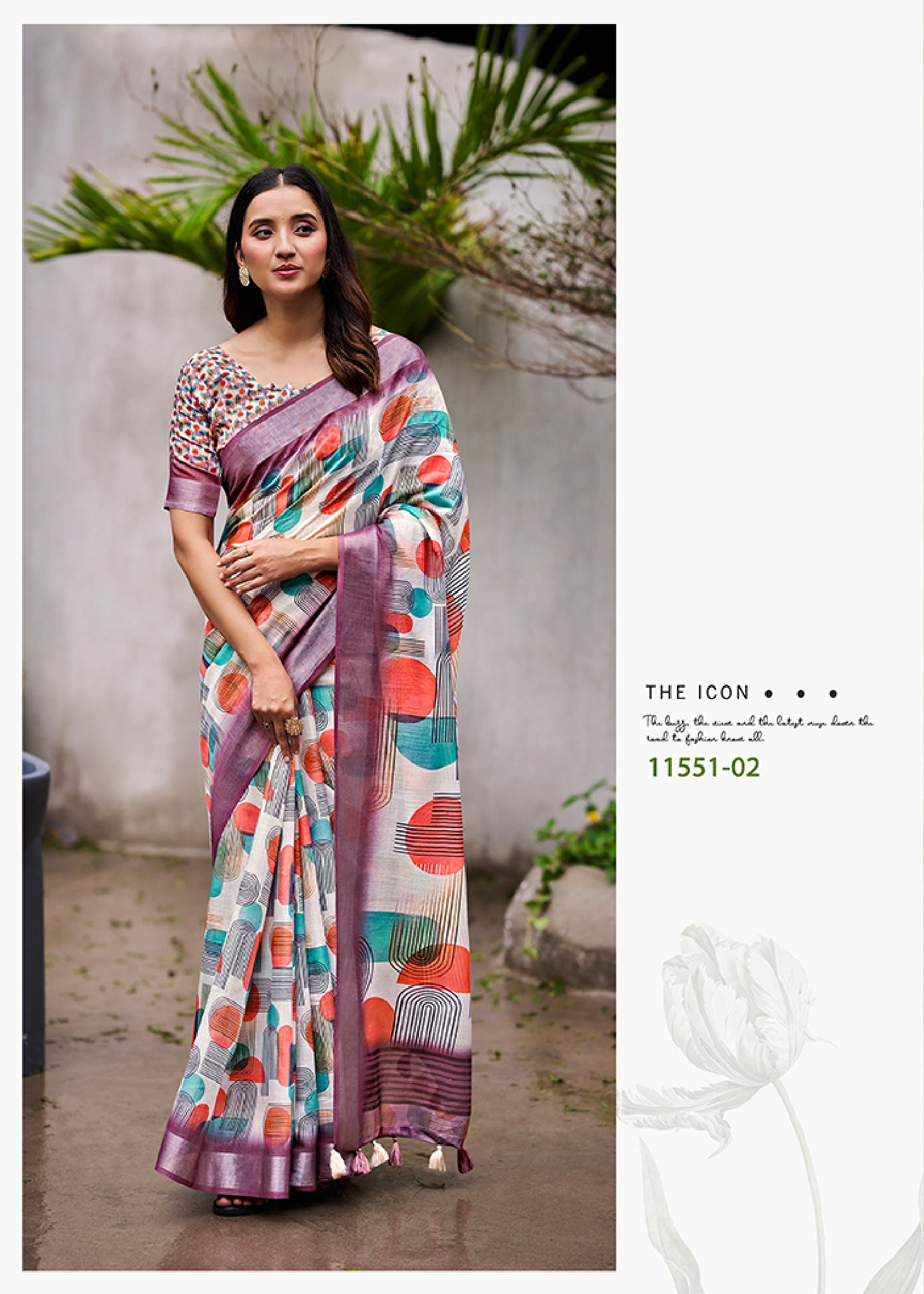 Multicolor abstract print linen saree with dark contrast border and pleated pallu