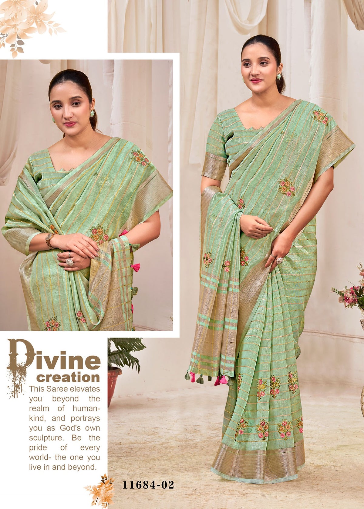 Mint green cotton saree with floral print, striped border, and matching pallu