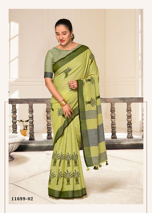 Cotton fancy saree in lime green with dark leaf motifs and gray striped border.
