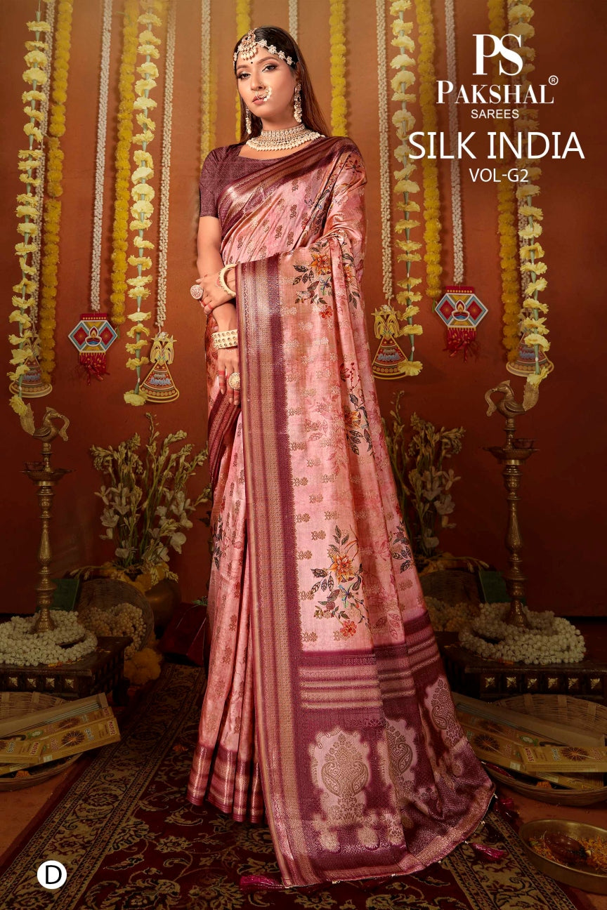 Mauve silk saree with zari border and ornate woven motifs, long pallu