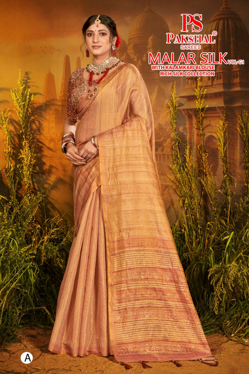 Peach tissue silk saree with zari border and printed blouse, full length