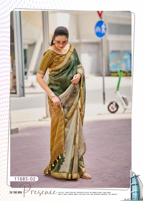 Cotton fancy saree in green and mustard gold with striped pallu and border.