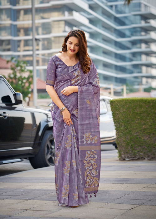 Purple cotton saree with gold floral border and pallu motif