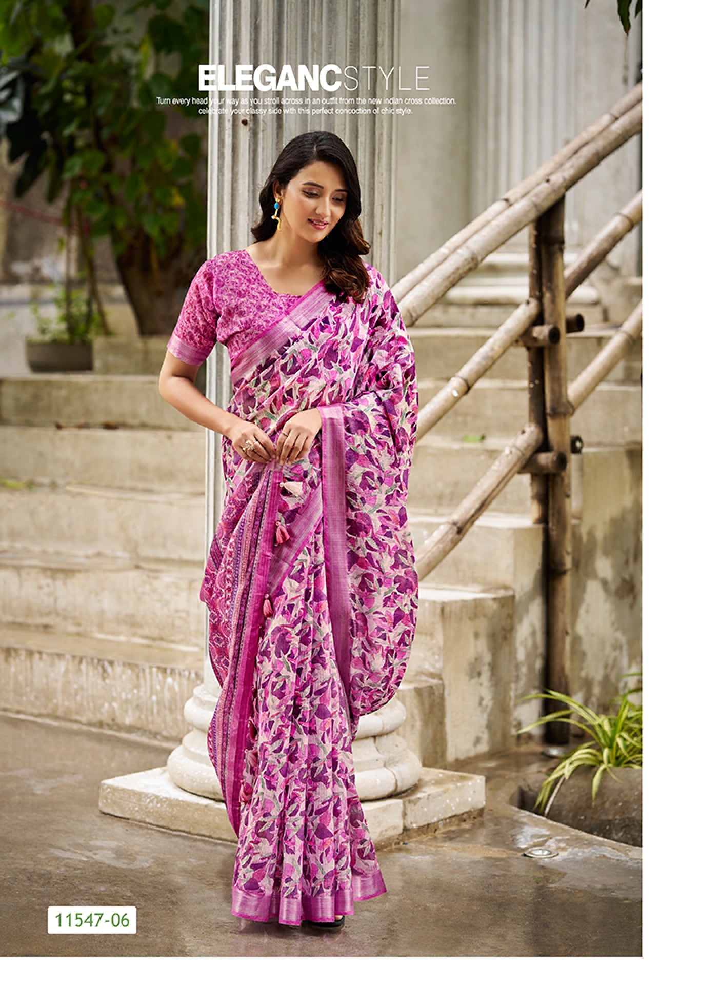 Floral linen saree in pink with contrast border and gathered pallu drape