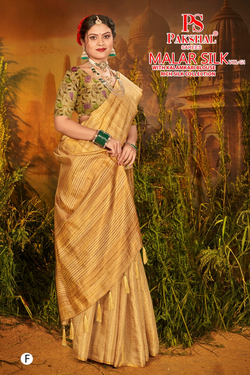 Beige-gold tissue silk saree with border detail and printed blouse