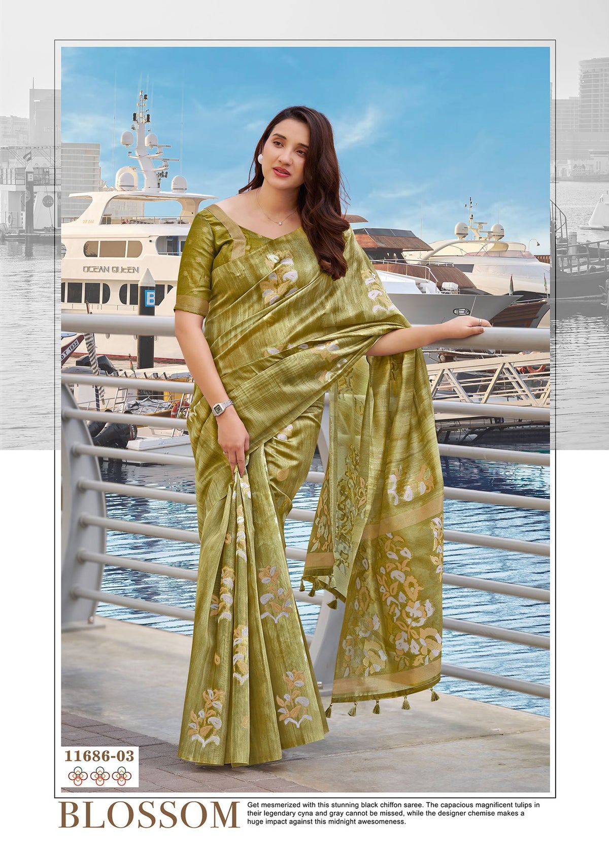Olive green cotton saree with gold motif print and bordered pallu