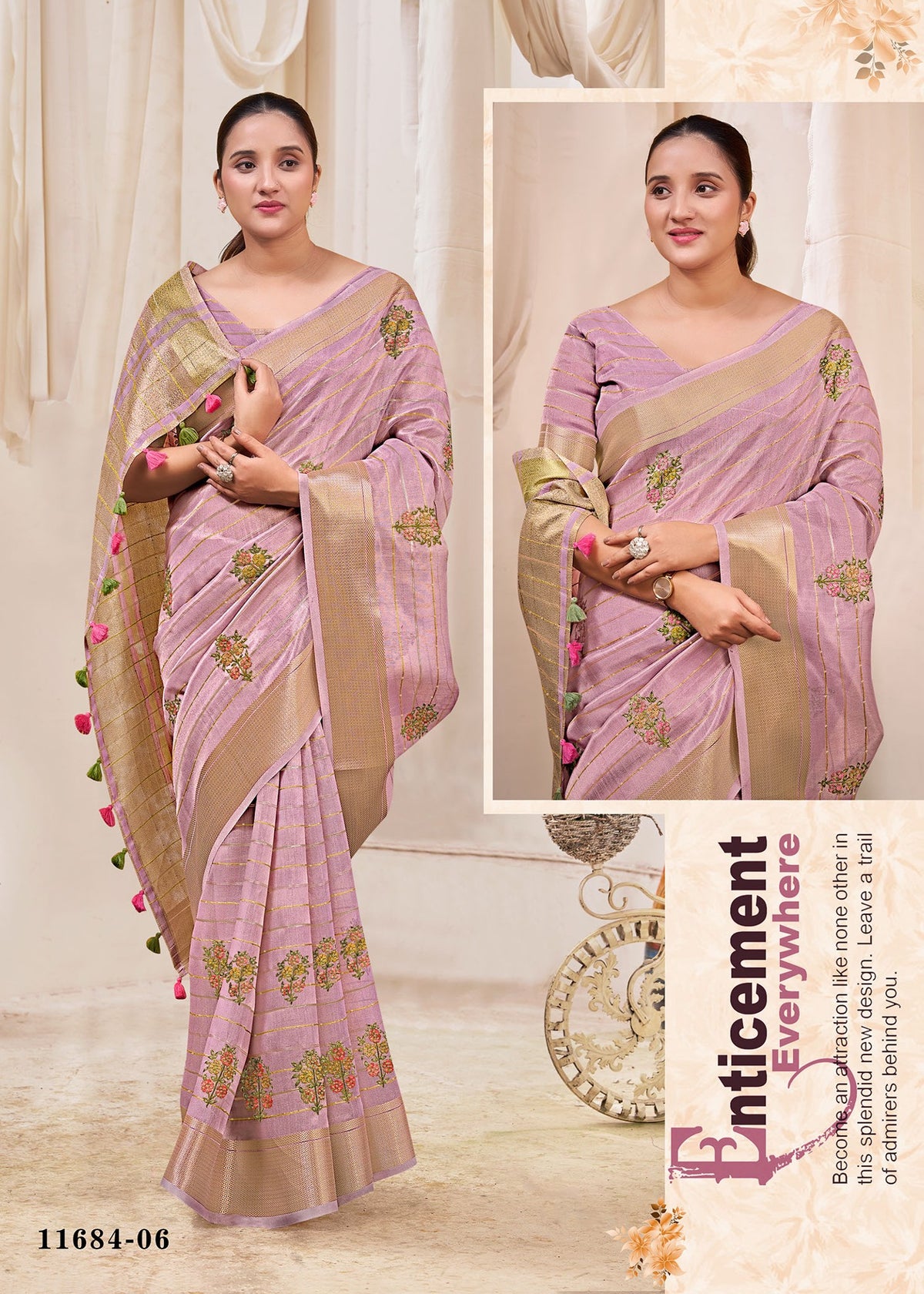 Lavender pink cotton saree with floral print, striped border, and matching pallu