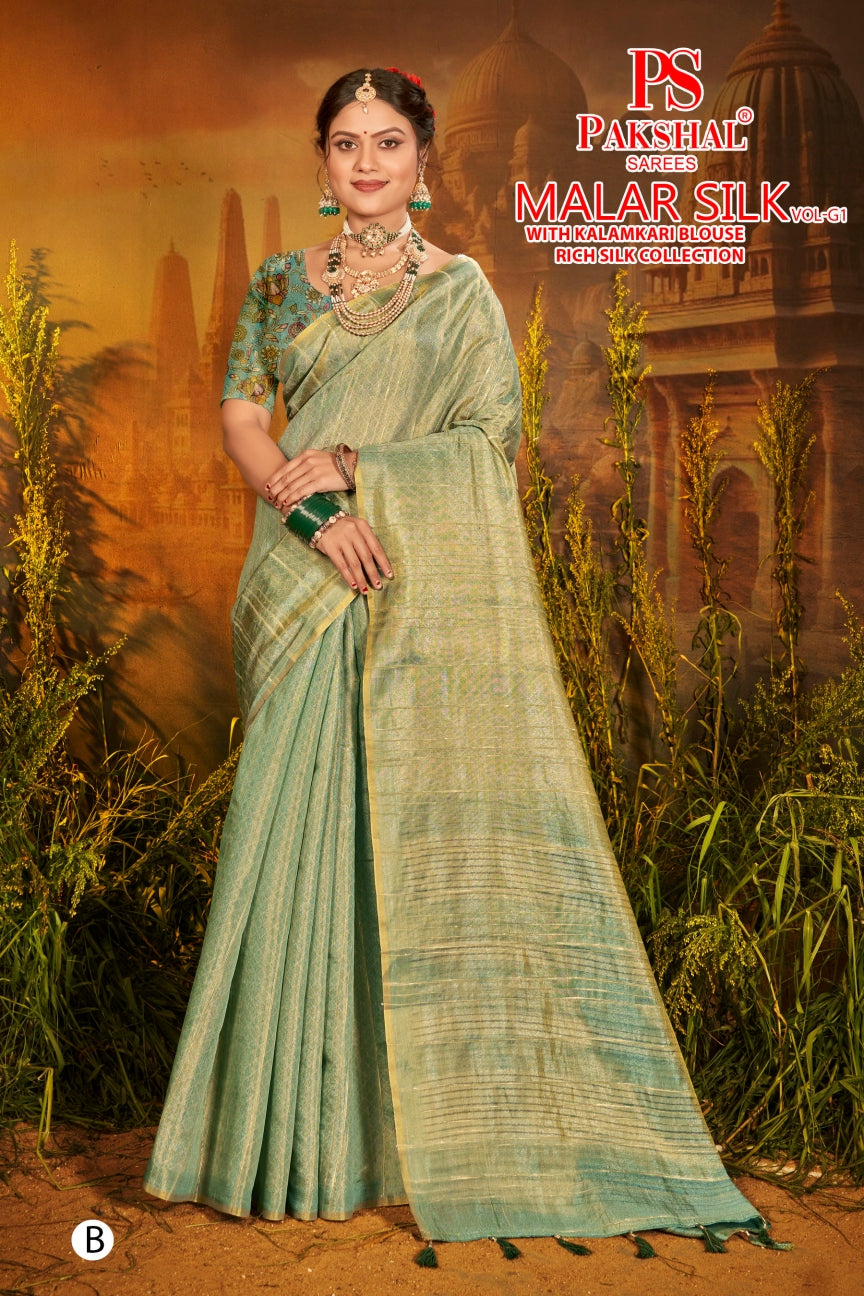 Sea-green tissue silk saree with fine border lines and printed blouse, full drape