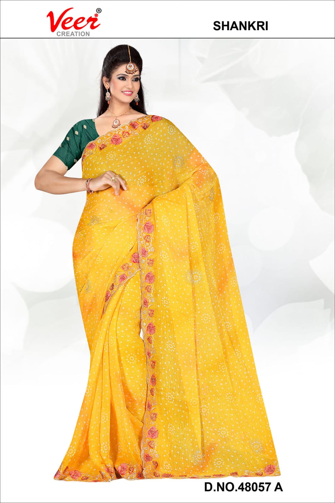 Mustard yellow bandhani saree with small dot motifs and floral border