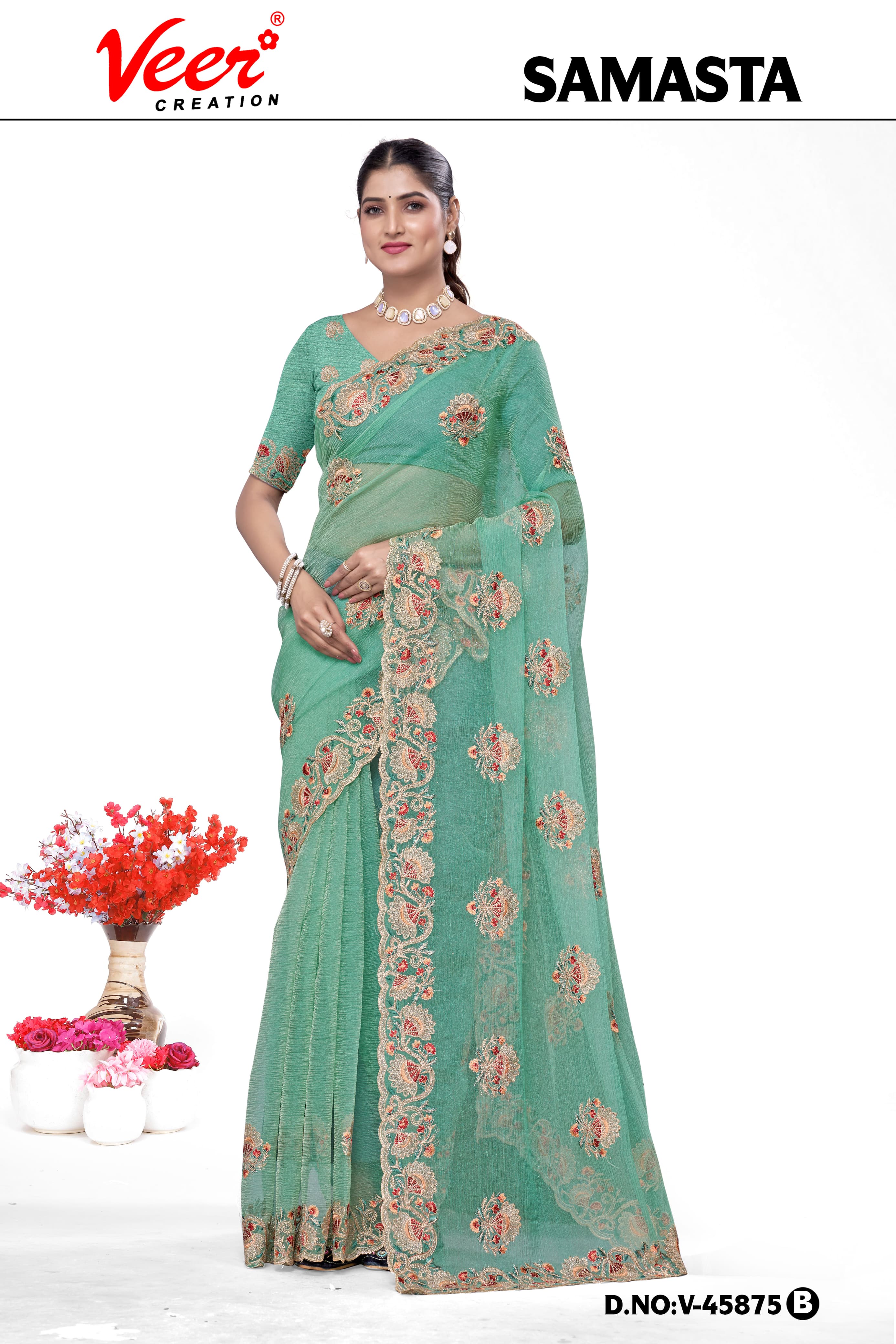 Mint green chiffon saree with floral border embroidery and shimmering finish