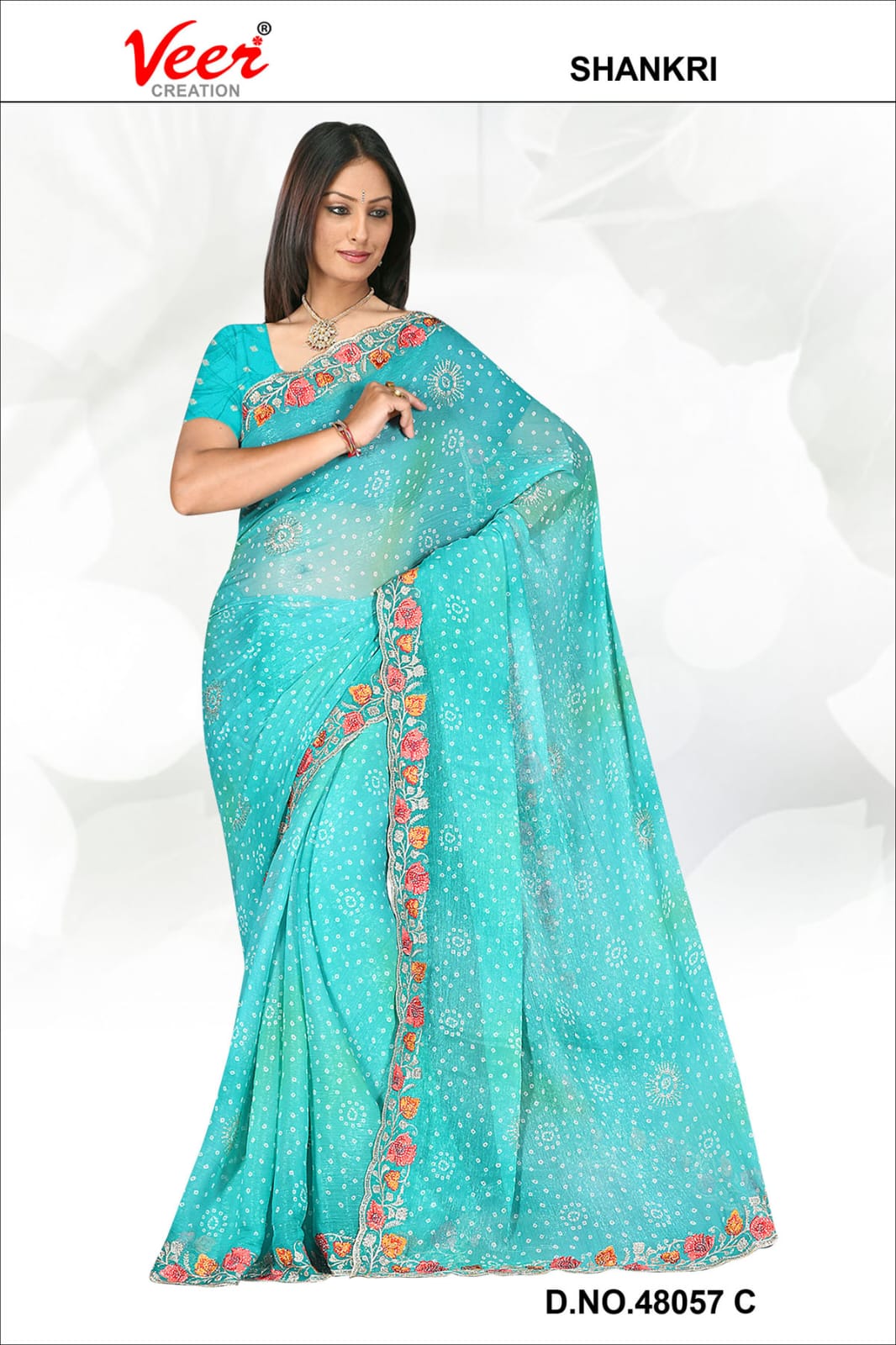 Turquoise blue bandhani saree with small dot motifs and floral border