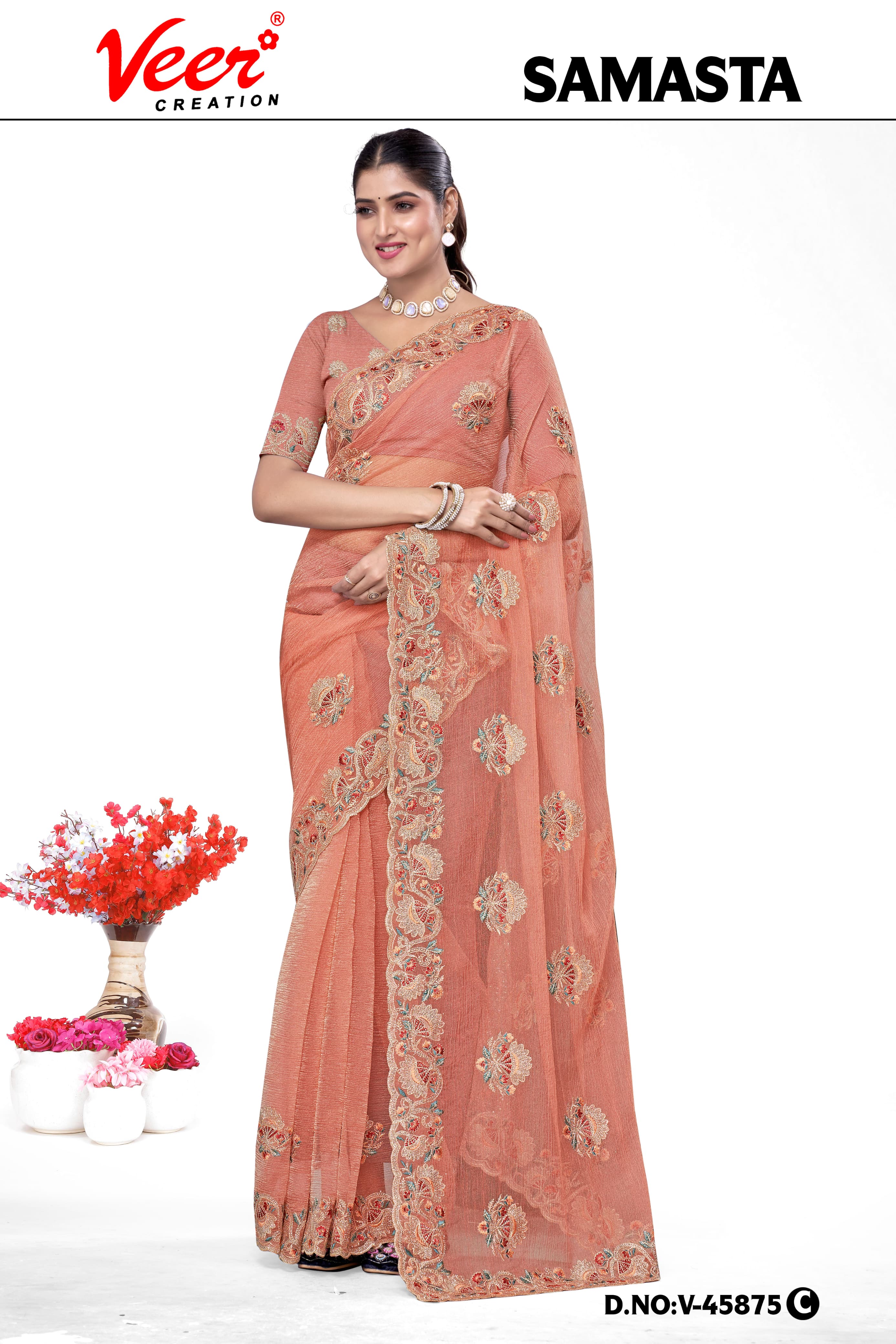 Peach coral chiffon saree with floral border embroidery and shimmering finish