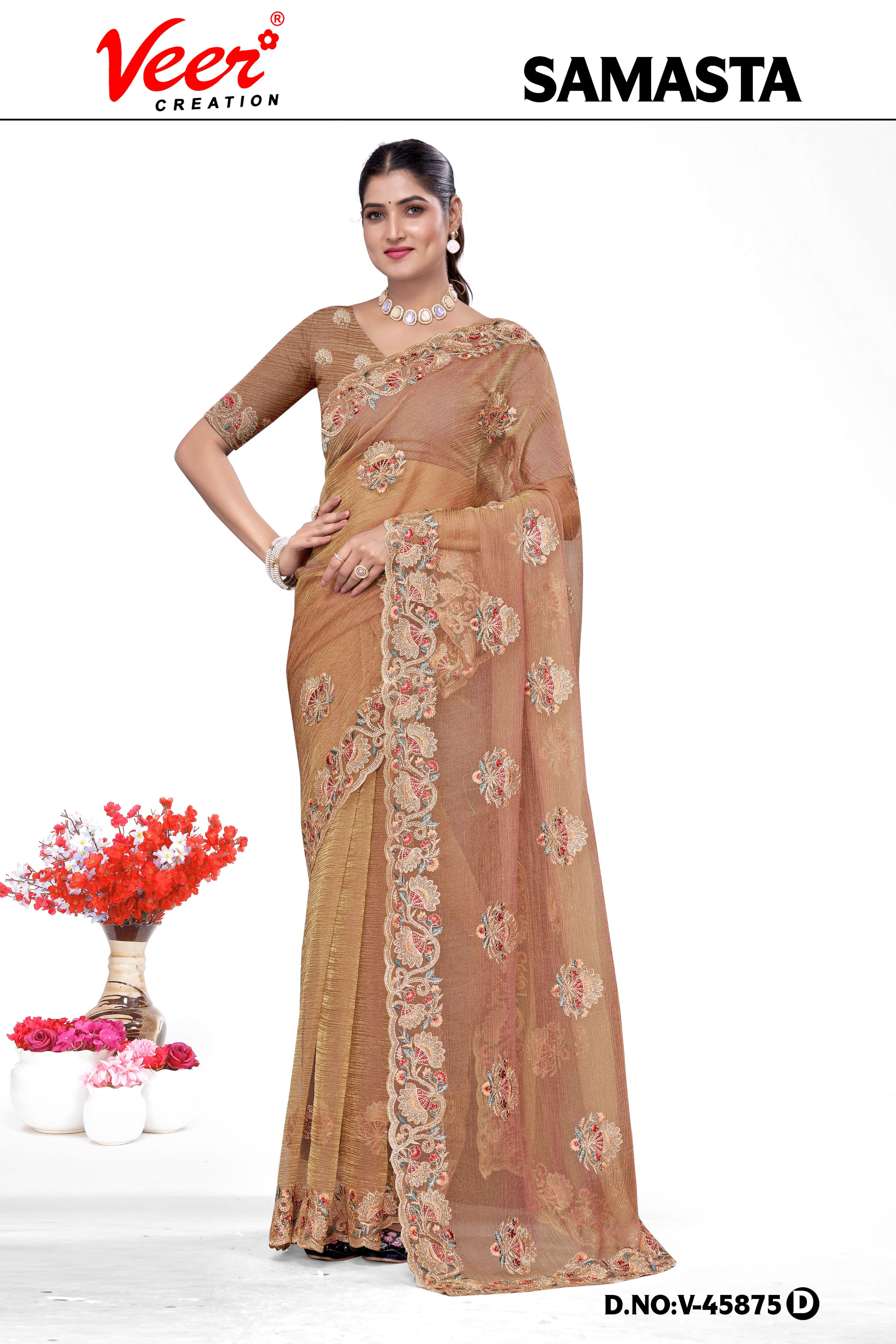 Golden tan chiffon saree with floral border embroidery and shimmering finish