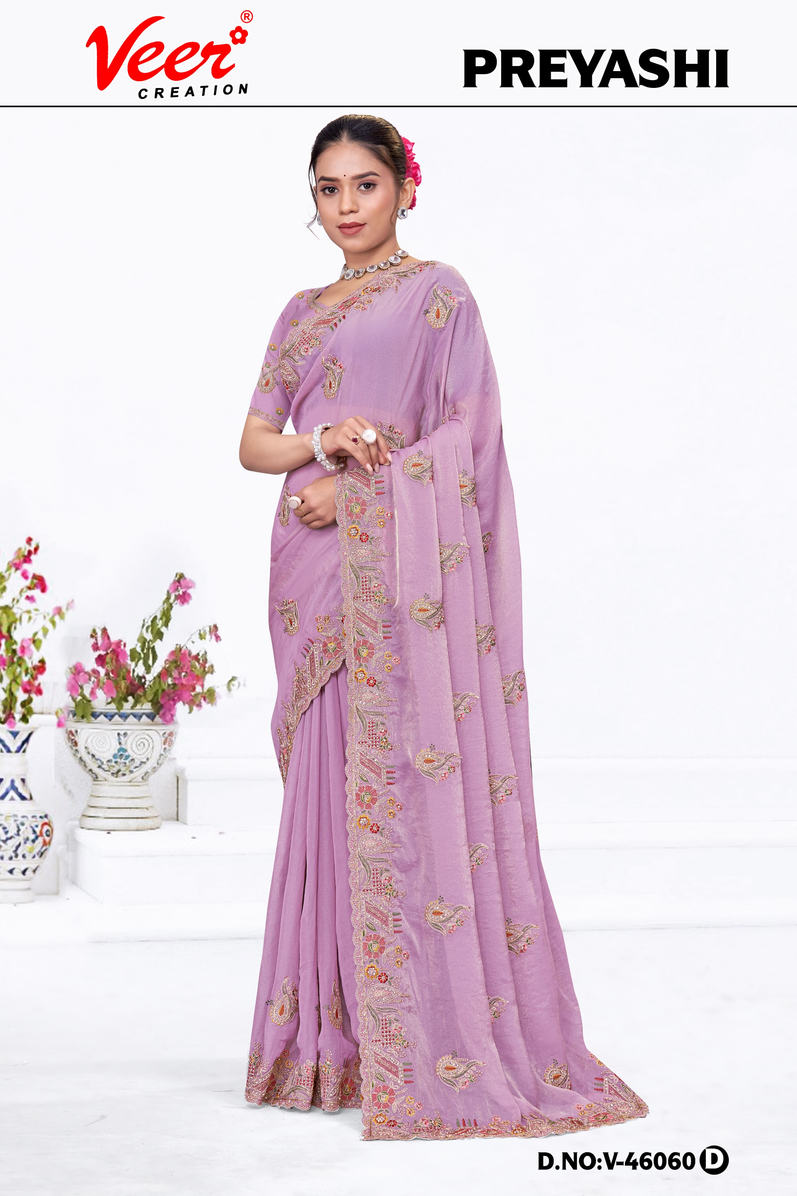 Lavender pink embroidered saree with scalloped border and gold-toned floral work