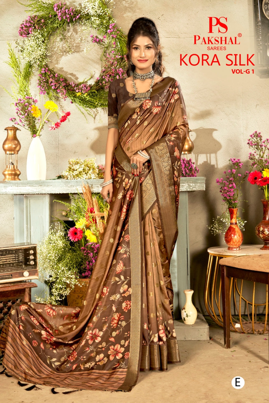Brown-gold floral silk saree with woven gold border and draped pallu