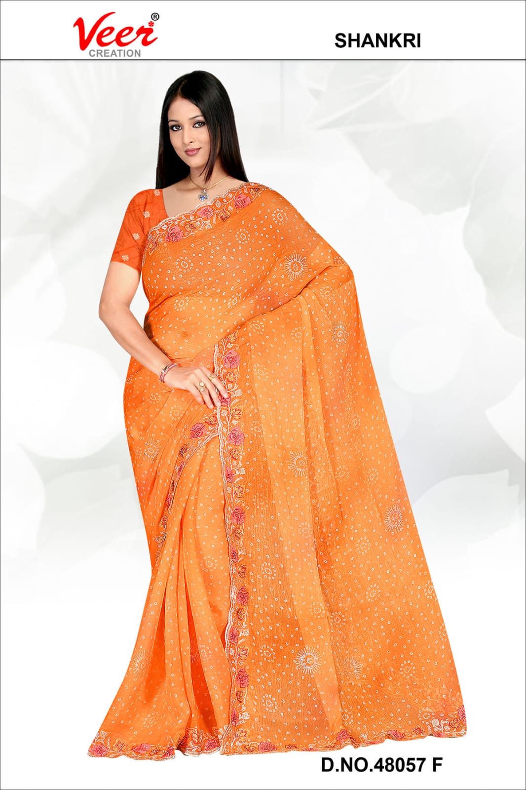 Orange bandhani saree with small dot motifs and floral border