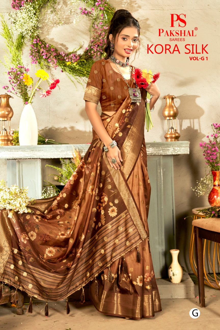 Bronze-brown floral silk saree with woven gold border and decorative pallu