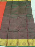 Olive-green and charcoal check-pattern saree with red side and gold border