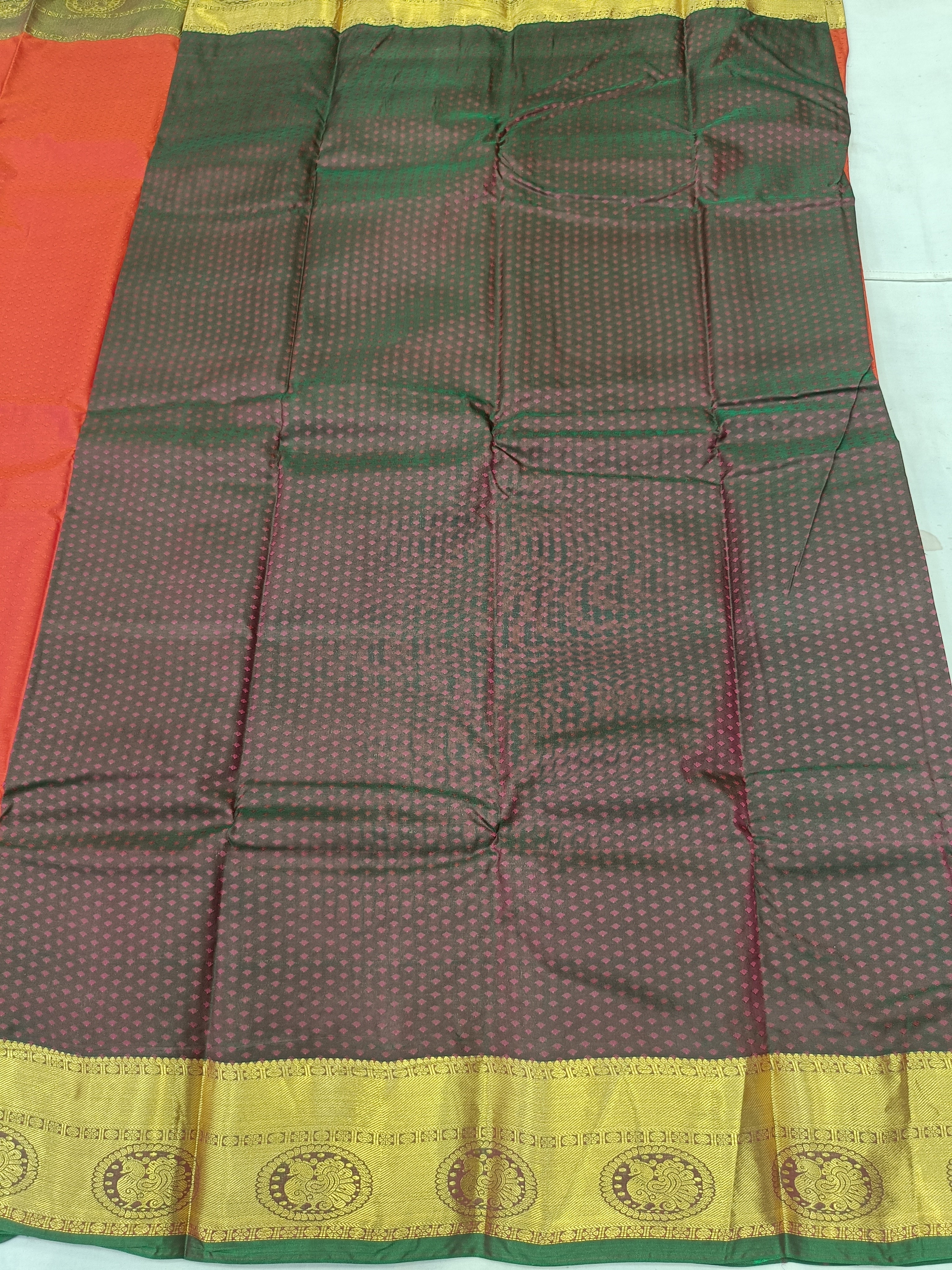 Olive-green and charcoal check-pattern saree with red side and gold border