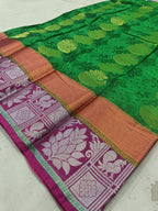 Saree border detail in green, pink, and gold with floral woven motifs