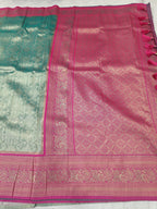 Banarasi silk saree pallu in teal green and magenta pink with woven motifs and border