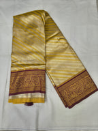 Banarasi silk saree fold, gold stripes with maroon woven border and zari trim