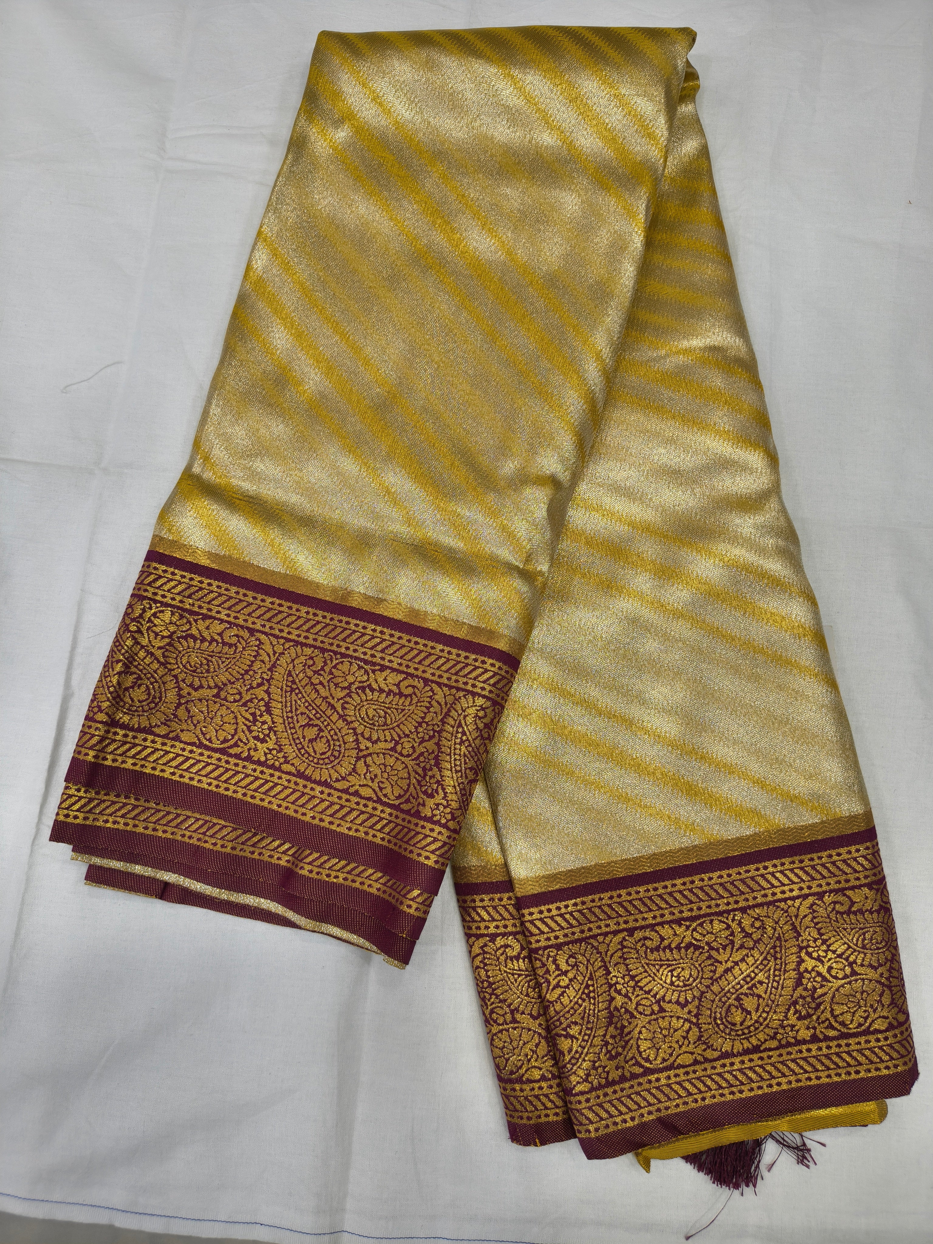 Banarasi silk saree, gold-beige body with maroon woven border and stripes