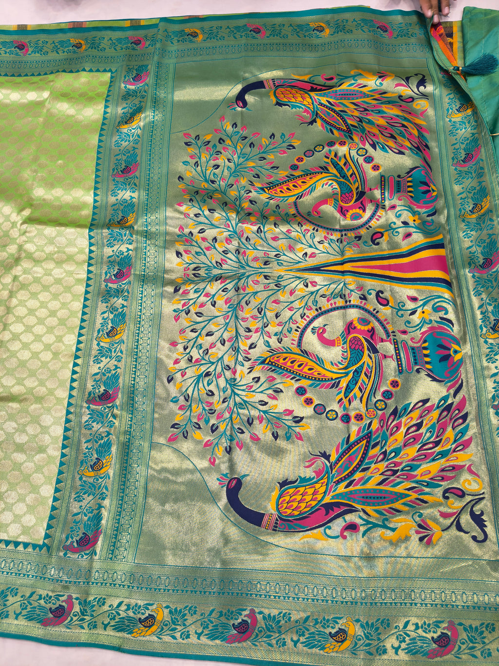 Banaras silk saree pallu with blue panel and colorful peacock floral print
