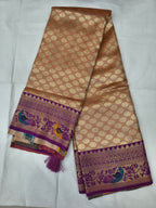 Banarasi silk saree with unstitched blouse piece, orange-brown and purple woven border