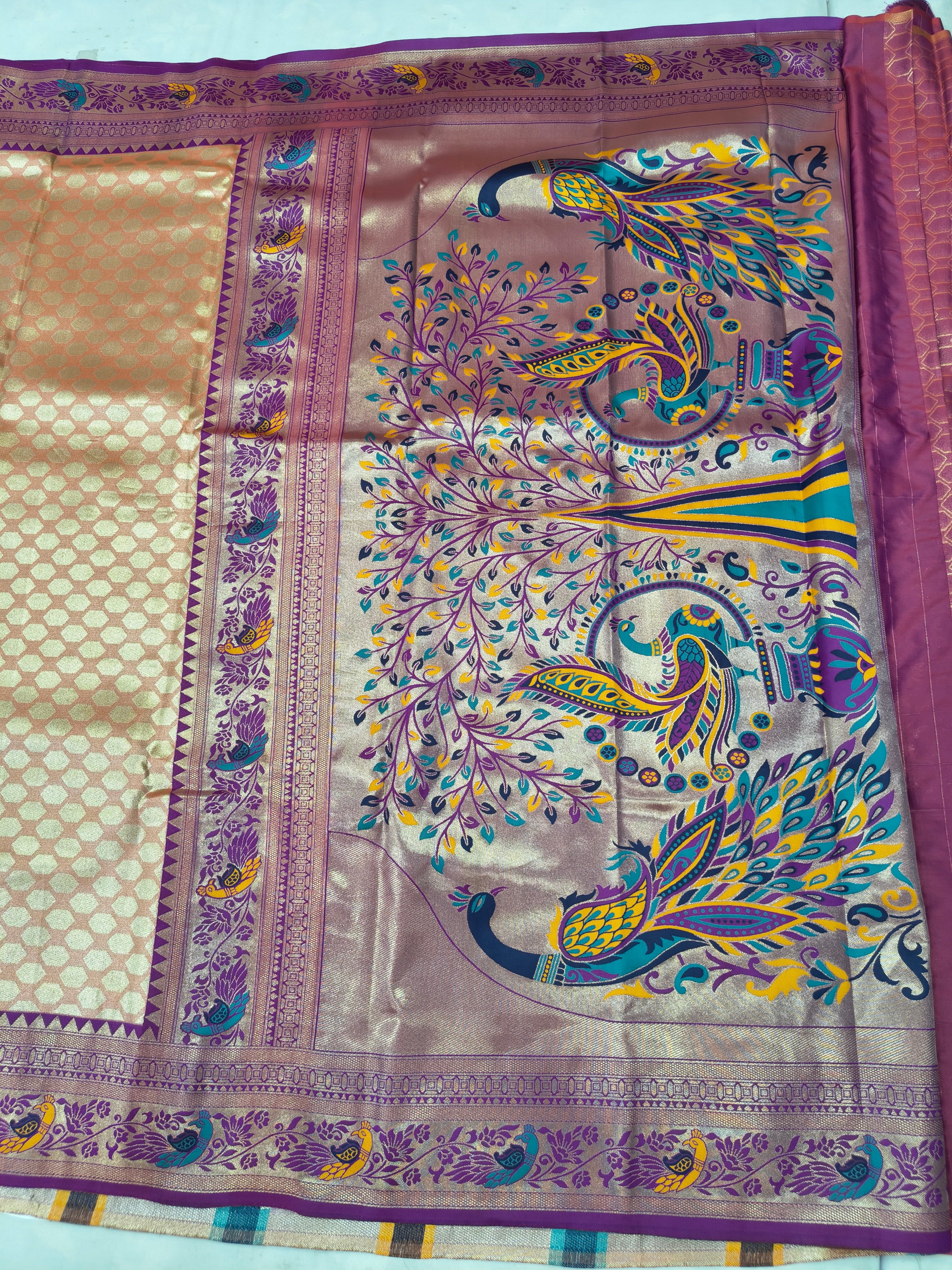Banarasi silk saree pallu with multicolor peacock and floral motifs on light purple ground