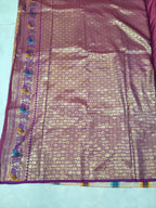 Banarasi silk saree body with woven honeycomb texture and purple border stripe