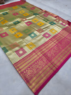 Silk saree with multicolor geometric checks, magenta-red border and ornate stripe
