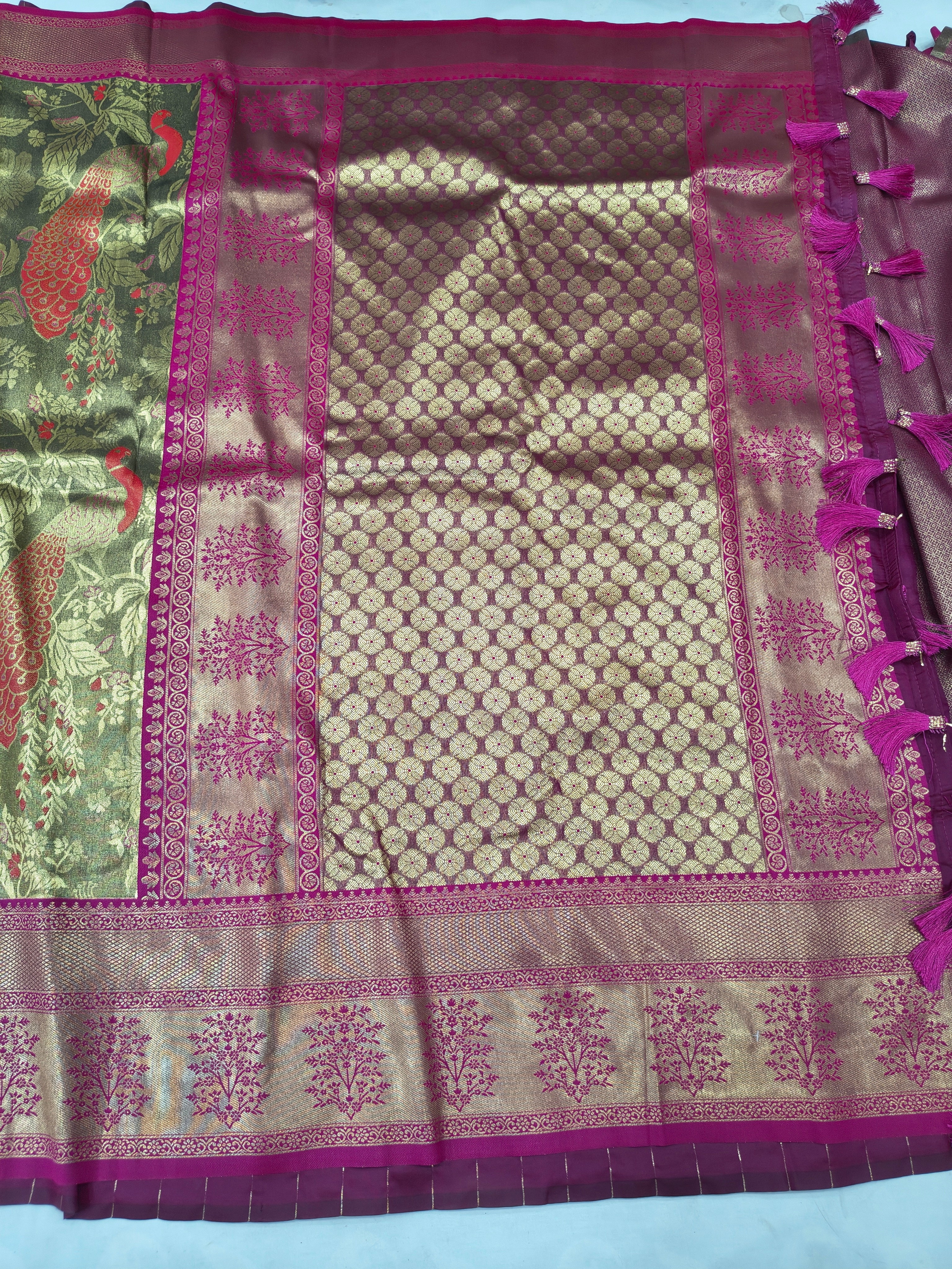 Olive and pink saree border with gold geometric pattern and magenta pallu detailing