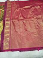 Olive and pink Banarasi silk pallu with gold woven texture and magenta border