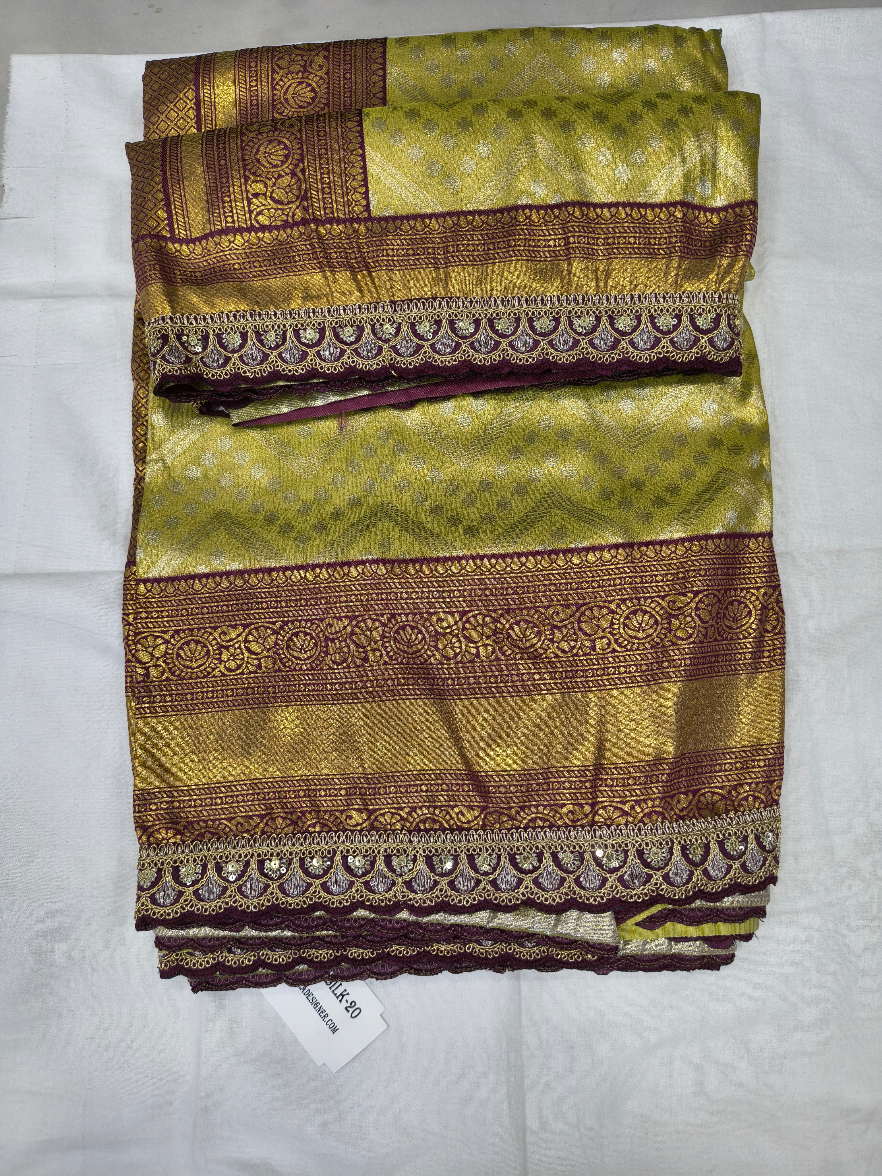 Folded Banarasi silk saree swatch, olive green with maroon-gold border