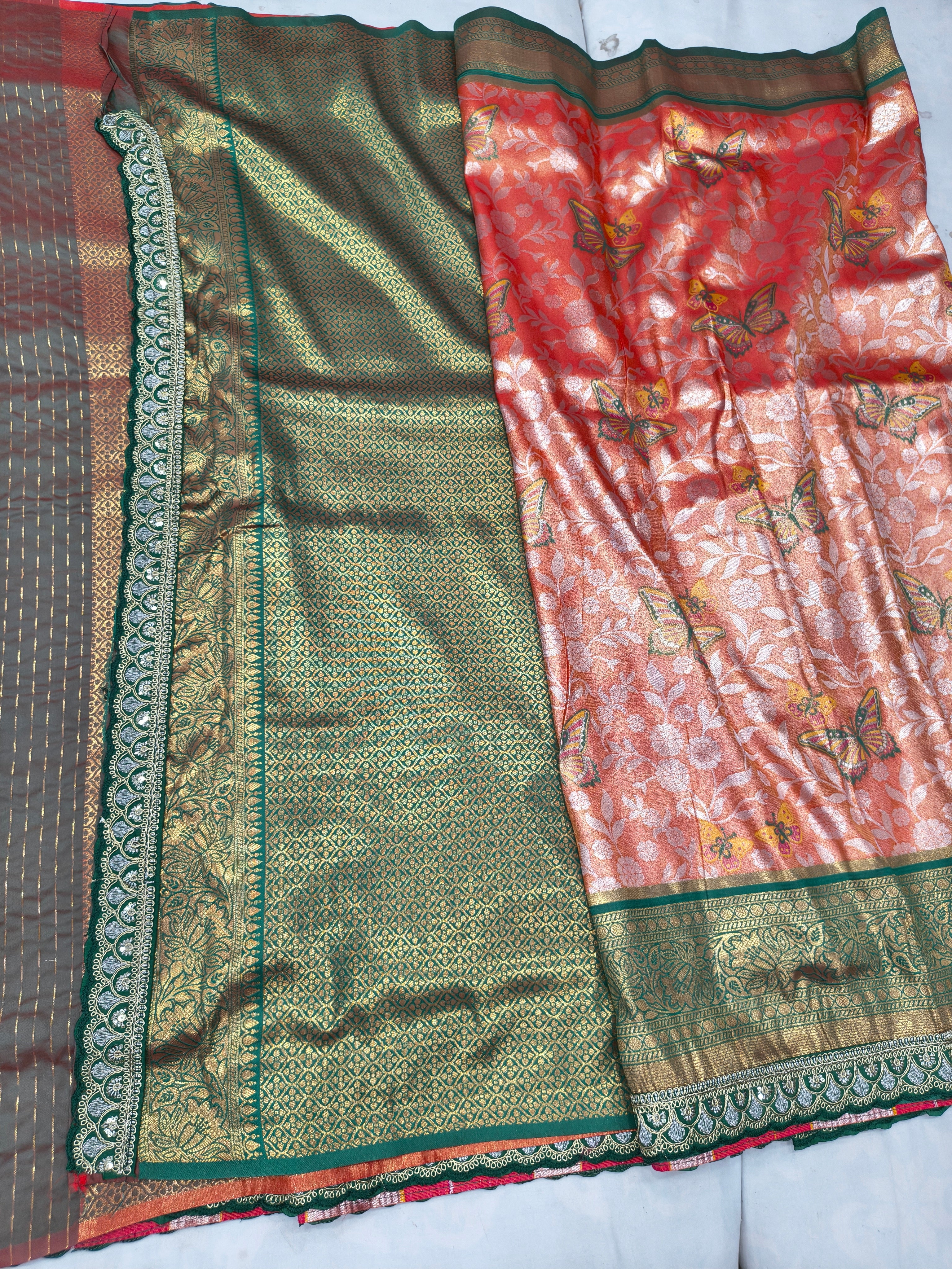 Banarasi silk saree with olive body and peach pallu, ornate woven border