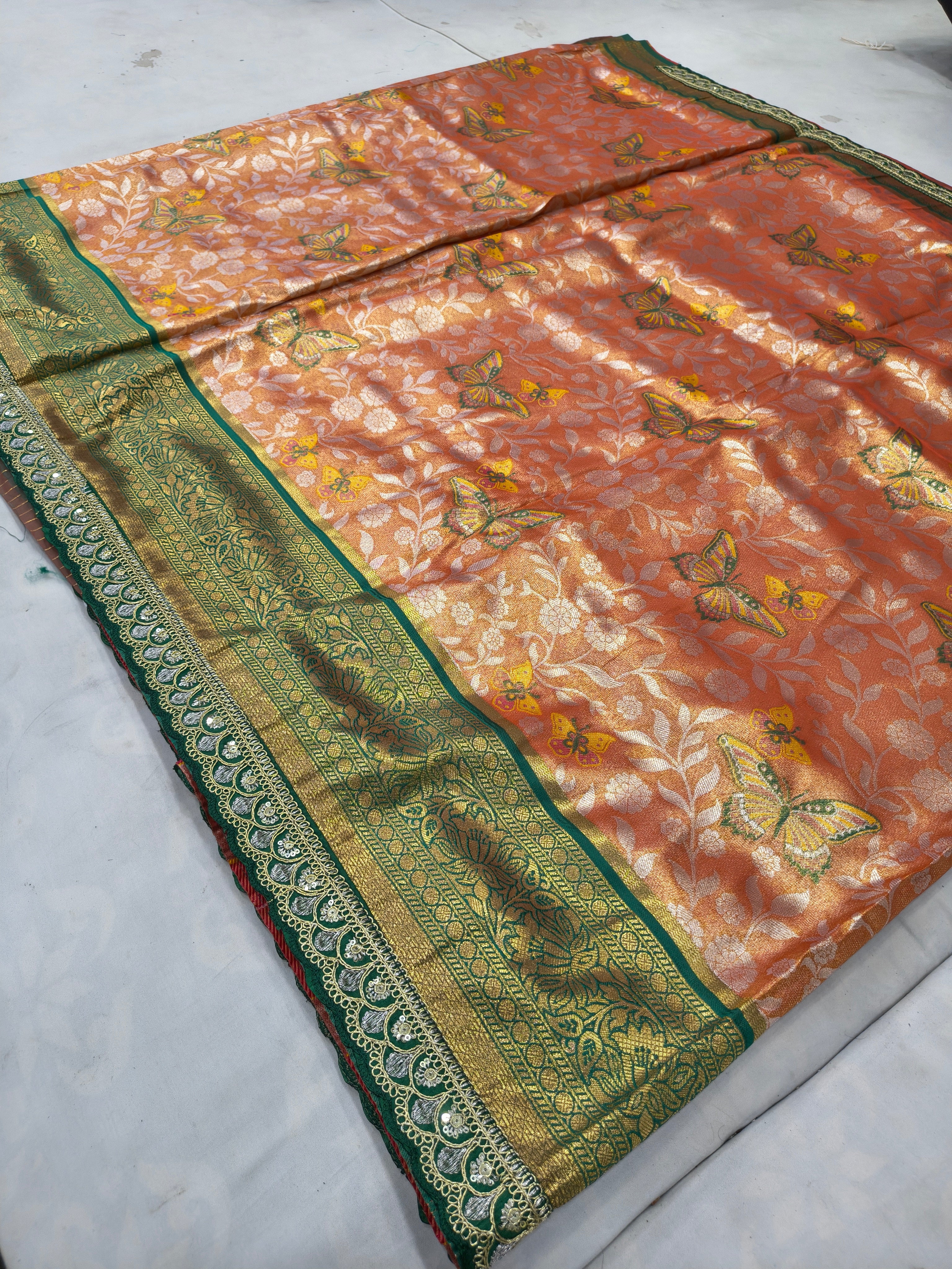 Peach and olive Banarasi silk saree spread view with floral vine motifs