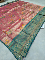 Pink Banarasi silk saree with teal pallu and gold embroidery border
