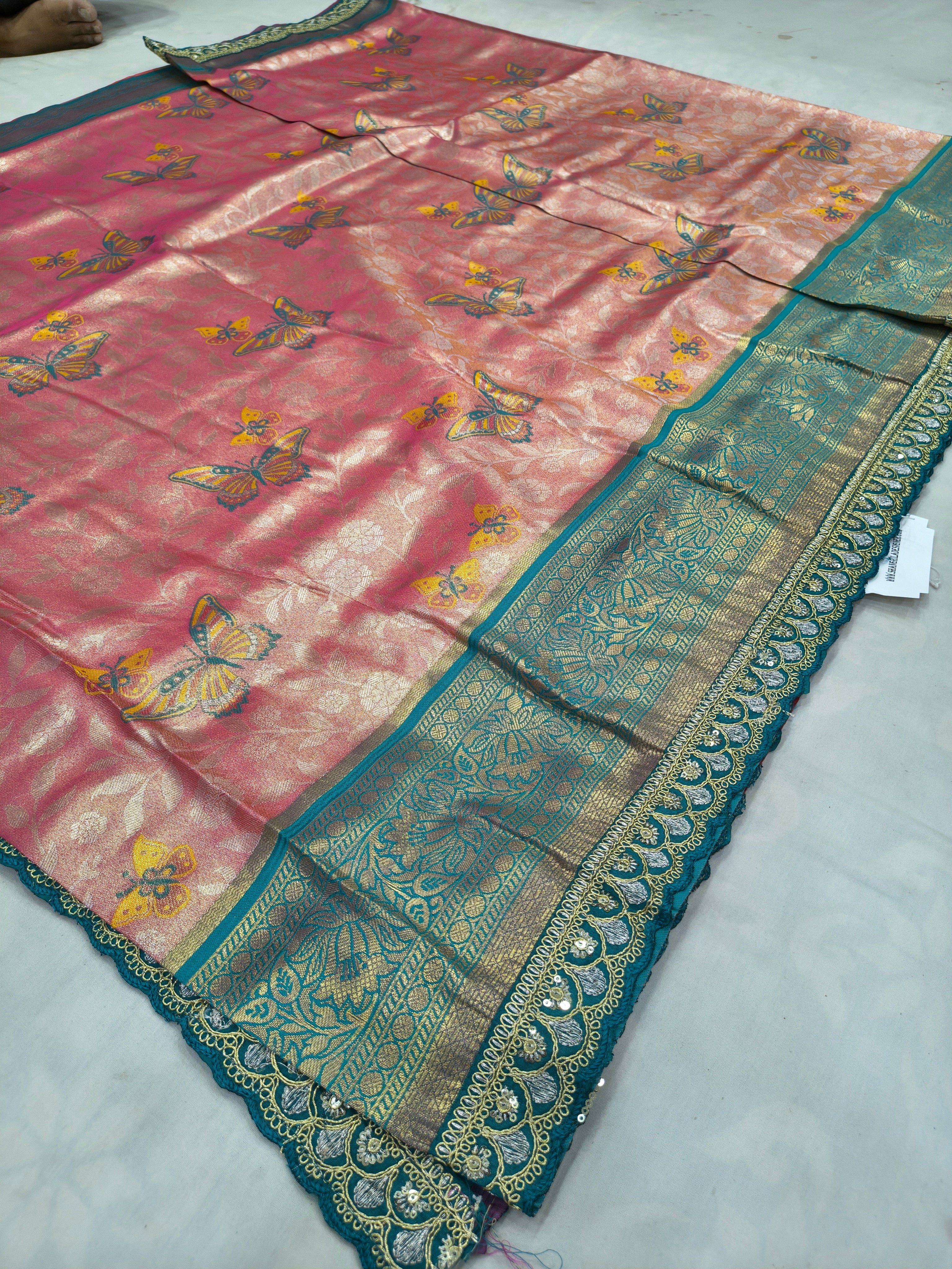 Pink Banarasi silk saree with teal pallu and gold embroidery border