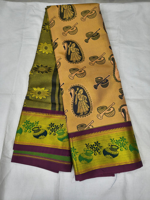 Beige saree with purple and green borders, woven deity motifs and decorative trims