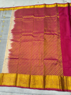 Saree pallu panel in bright magenta with golden grid pattern and mustard border