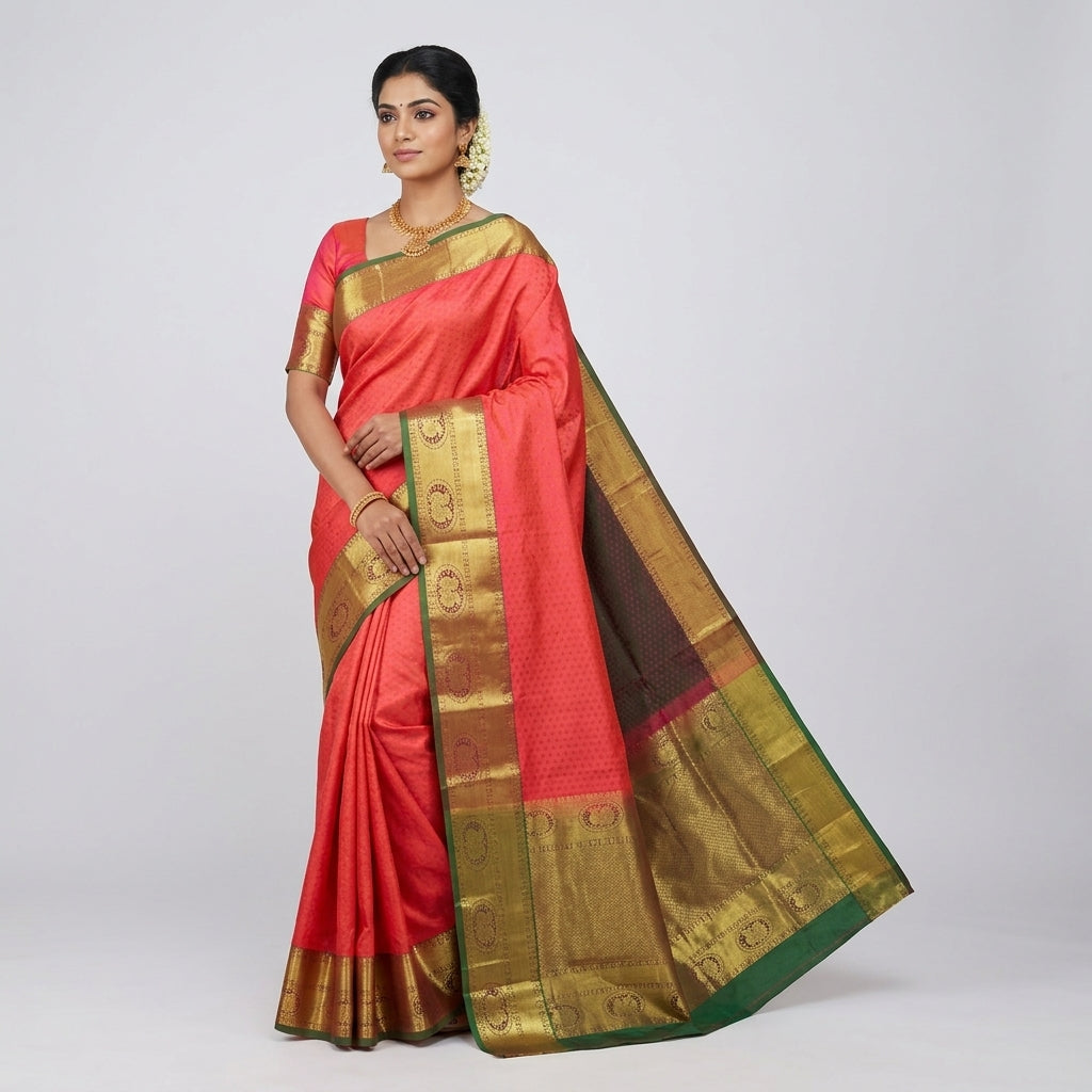 Women wearing red silk saree with gold border and green-striped pallu, short sleeves
