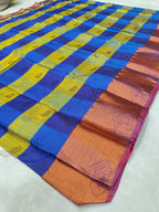 Kanchipuram silk saree fabric with blue and yellow checks and peach pallu panel